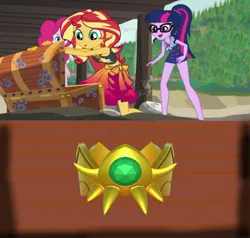 Size: 3091x2941 | Tagged: safe, artist:awesomegamedude10, derpibooru import, screencap, pinkie pie, sci-twi, sunset shimmer, twilight sparkle, human, equestria girls, chest, female, image, jpeg, kirby, kirby (series), kirby's return to dream land, master crown, treasure chest