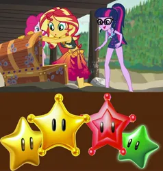 Size: 3688x3870 | Tagged: safe, artist:awesomegamedude10, derpibooru import, screencap, pinkie pie, sci-twi, sunset shimmer, twilight sparkle, human, equestria girls, chest, female, image, jpeg, stars, super mario bros., treasure chest