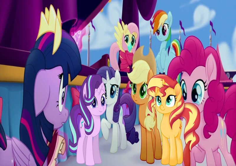 Size: 3798x2671 | Tagged: safe, artist:awesomegamedude10, derpibooru import, edit, edited screencap, screencap, fluttershy, pinkie pie, rainbow dash, rarity, starlight glimmer, sunset shimmer, twilight sparkle, twilight sparkle (alicorn), alicorn, earth pony, pegasus, pony, unicorn, my little pony: the movie, female, image, jpeg, mane eight, mare, wrong aspect ratio