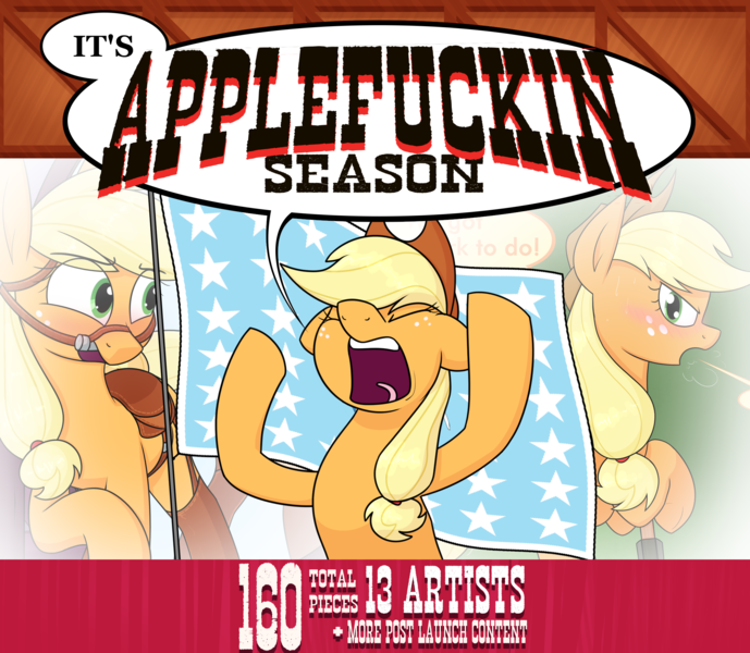 Size: 2197x1914 | Tagged: suggestive, artist:moonatik, derpibooru import, applejack, earth pony, pony, art pack:applefuckin season, g4, advertisement, applejack's hat, bill dauterive, bridle, cowboy hat, equestrian flag, female, hat, image, king of the hill, mare, png, ponytail, saddle, solo, speech bubble, tack, vulgar, waving, yelling