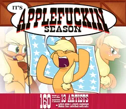 Size: 2197x1914 | Tagged: suggestive, artist:moonatik, derpibooru import, applejack, earth pony, pony, art pack:applefuckin season, advertisement, applejack's hat, bill dauterive, bridle, cowboy hat, equestrian flag, female, g4, hat, image, king of the hill, mare, png, ponytail, saddle, solo, speech bubble, tack, vulgar, waving, yelling