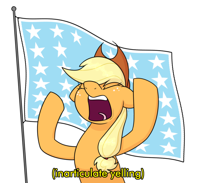 Size: 1521x1407 | Tagged: safe, alternate version, artist:moonatik, derpibooru import, applejack, earth pony, pony, applejack's hat, bill dauterive, cowboy hat, equestrian flag, female, g4, hat, image, king of the hill, mare, png, ponytail, simple background, solo, transparent background, waving, yelling