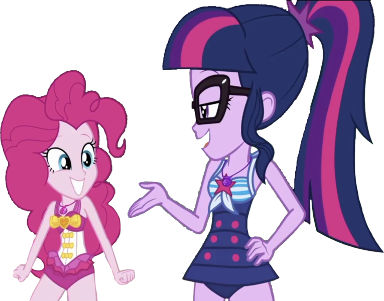 Size: 3215x2520 | Tagged: safe, derpibooru import, edit, edited screencap, editor:homersimpson1983, screencap, pinkie pie, sci-twi, twilight sparkle, human, background removed, bikini, clothes, female, image, not a vector, png, simple background, smiling, swimsuit, transparent background