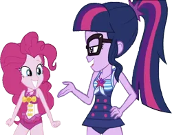 Size: 3215x2520 | Tagged: safe, derpibooru import, edit, edited screencap, editor:homersimpson1983, screencap, pinkie pie, sci-twi, twilight sparkle, human, background removed, bikini, clothes, female, image, not a vector, png, simple background, smiling, swimsuit, transparent background