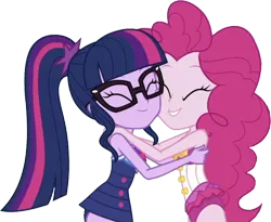 Size: 3068x2520 | Tagged: safe, derpibooru import, edit, edited screencap, editor:homersimpson1983, screencap, pinkie pie, sci-twi, twilight sparkle, human, equestria girls, background removed, bikini, clothes, eyes closed, female, hug, image, not a vector, png, simple background, swimsuit, transparent background