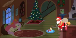 Size: 4320x2160 | Tagged: safe, anonymous artist, derpibooru import, big macintosh, fluttershy, oc, oc:late riser, earth pony, pegasus, pony, series:fm holidays, series:hearth's warming advent calendar 2023, advent calendar, baby, baby pony, christmas, christmas tree, clothes, colt, cookie, costume, fake beard, fake sleeping, female, fluttermac, fluttershy's cottage, foal, food, high res, holiday, image, lineless, male, mare, milk, night, offspring, one eye closed, pajamas, parent:big macintosh, parent:fluttershy, parents:fluttermac, plushie, png, pointy ponies, pony plushie, question mark, santa costume, shipping, stallion, straight, tree