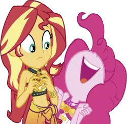 Size: 2583x2520 | Tagged: safe, derpibooru import, edit, edited screencap, editor:homersimpson1983, screencap, pinkie pie, sunset shimmer, human, equestria girls, bikini, clothes, female, image, not a vector, png, simple background, swimsuit, transparent background