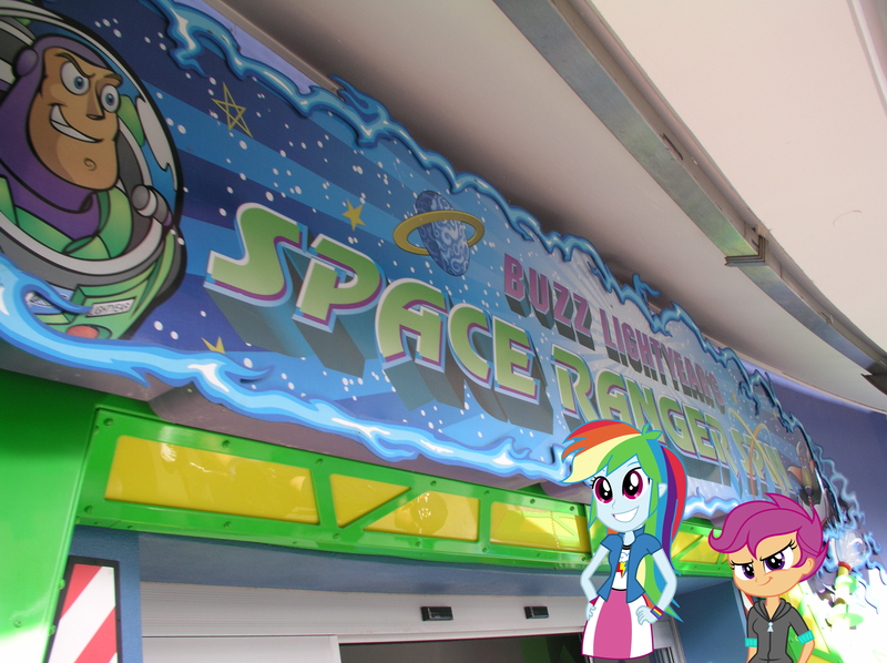 Size: 2558x1912 | Tagged: safe, artist:ex-machinart, artist:marcorulezzz, derpibooru import, rainbow dash, scootaloo, human, equestria girls, adopted, adopted offspring, buzz lightyear, buzz lightyear's space ranger spin, clothes, cute, cutealoo, dashabetes, disneyland, dress, duo, equestria girls in real life, female, grin, humanized, image, irl, photo, png, scootadoption, scootalove, siblings, sisters, smiling