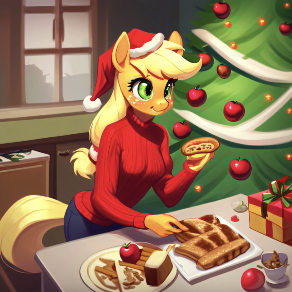 Size: 1406x1404 | Tagged: safe, ai content, machine learning generated, stable diffusion, applejack, anthro, earth pony, festival looks, apple, christmas, christmas sweater, christmas tree, clothes, food, hat, holiday, image, kitchen, pie dough, pie pan, png, santa hat, solo, sweater, sweet apple acres, tree