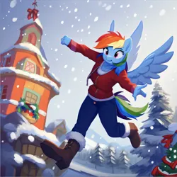 Size: 1410x1408 | Tagged: safe, ai content, machine learning generated, stable diffusion, rainbow dash, anthro, pegasus, christmas, christmas jacket, christmas tree, christmas wreath, floating, holiday, image, long pants, png, ponyville, snow, snowfall, solo, town hall, tree, winter boots, wreath