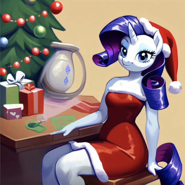 Size: 1408x1404 | Tagged: safe, ai content, machine learning generated, stable diffusion, rarity, anthro, unicorn, card, carousel boutique, christmas, christmas card, christmas dress, christmas presents, christmas tree, desk, hat, holiday, image, png, present, santa hat, solo, tree