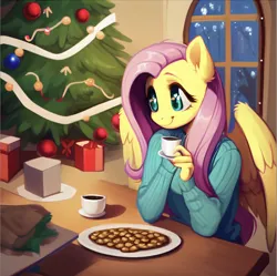Size: 1412x1406 | Tagged: safe, ai content, machine learning generated, stable diffusion, fluttershy, anthro, pegasus, chocolate, christmas, christmas presents, christmas sweater, christmas tree, clothes, cookie, fluttershy's cottage (interior), food, holiday, hot chocolate, image, living room, png, present, solo, sweater, tree