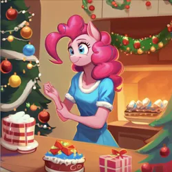 Size: 1402x1398 | Tagged: safe, ai content, machine learning generated, stable diffusion, pinkie pie, anthro, earth pony, christmas, christmas cakes, christmas clothes, christmas decorations, christmas present, christmas tree, fireplace, holiday, image, kitchen, png, solo, sugarcube corner, tree