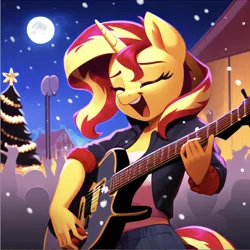 Size: 1410x1410 | Tagged: safe, ai content, machine learning generated, stable diffusion, sunset shimmer, anthro, unicorn, audience cheering, bright moon, christmas, christmas tree, concert, downtown, holiday, image, night, playing guitar, png, ponyville, singing, snow, snowfall, solo, stage, tree