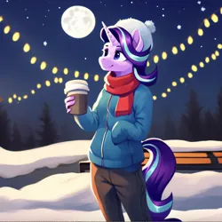 Size: 1408x1406 | Tagged: safe, ai content, machine learning generated, stable diffusion, starlight glimmer, anthro, unicorn, bright moon, chocolate, clothes, food, hot chocolate, image, long pants, night, png, public park, scarf, snowy, solo, stars, winter hat, winter jacket