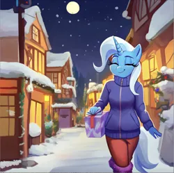 Size: 1404x1400 | Tagged: safe, ai content, machine learning generated, stable diffusion, trixie, anthro, unicorn, bright moon, downtown, eyes closed, holding a present, humming, image, leg warmers, night, png, ponyville, shops, snowy streets, solo, winter jacket