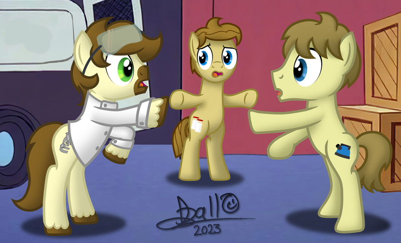 Size: 4160x2524 | Tagged: safe, artist:tidmouthmilk12, derpibooru import, oc, oc:calpain, oc:kettle master, oc:tidmouth milk, earth pony, pony, 60s spider-man, bipedal, clothes, goggles, image, lab coat, meme, png, pointing, ponified meme, signature, spider-man points at spider-man, standing on two hooves, trio