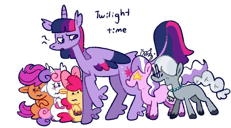 Size: 1280x711 | Tagged: safe, artist:goatpaste, derpibooru import, apple bloom, diamond tiara, scootaloo, silver spoon, sweetie belle, twilight sparkle, twilight sparkle (alicorn), alicorn, earth pony, pegasus, pony, unicorn, twilight time, image, png, simple background, white background