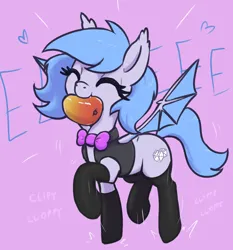 Size: 1960x2100 | Tagged: safe, artist:t72b, derpibooru import, oc, oc:lucky roll, bat pony, pony, bowtie, clothes, eeee, eyes closed, food, happy, image, mango, mouth hold, png, prancing, simple background, socks, solo, vest