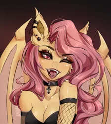 Size: 1487x1649 | Tagged: safe, artist:in4ri_, derpibooru import, fluttershy, anthro, bat pony, bare shoulders, bat ponified, bat wings, breasts, choker, cleavage, clothes, cross, ear piercing, elf ears, eyeshadow, fangs, female, fishnet clothing, flutterbat, g4, gloves, image, jpeg, lipstick, long gloves, looking at you, makeup, messy mane, one eye closed, open mouth, piercing, race swap, red eyes, slit pupils, tongue piercing, wings, wink, winking at you