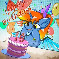 Size: 2048x2048 | Tagged: safe, artist:gale spark, derpibooru import, oc, oc:黄昏夜雨, unofficial characters only, pony, unicorn, artificial wings, augmented, balloon, birthday, birthday cake, cake, food, happy, image, jpeg, mechanical wing, wings