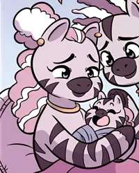 Size: 540x675 | Tagged: safe, derpibooru import, idw, zebra, g5, spoiler:comic, spoiler:g5comic, spoiler:g5comic14, baby, baby zebra, blanket, ear piercing, eyes closed, father and child, father and daughter, female, hoof heart, image, jpeg, male, mariama, mariama's father, mariama's mother, mother and child, mother and daughter, neck rings, newborn, official comic, offscreen character, open mouth, open smile, piercing, smiling, solo focus, swaddled baby, trio, underhoof, unshorn fetlocks, younger