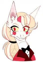 Size: 887x1280 | Tagged: safe, artist:deyshi_doshirak, derpibooru import, demon, demon pony, original species, pony, blonde, blonde hair, bowtie, button-up shirt, charlie morningstar, clothes, colored sclera, crossover, dress shirt, eyebrows, eyelashes, female, hair tie, hazbin hotel, image, jpeg, no pupils, red eyes, shirt, solo, suit, white coat, yellow sclera