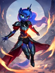 Size: 896x1200 | Tagged: safe, ai content, derpibooru import, machine learning generated, stable diffusion, princess luna, alicorn, anthro, pony, armor, armored pony, clothes, cloud, cute, ethereal hair, ethereal mane, ethereal tail, female, fire, flying, g4, generator:pony diffusion v5, horn, image, knight, looking at you, mare, png, promter:twinky, royalty, sky, smiling, solo, tail