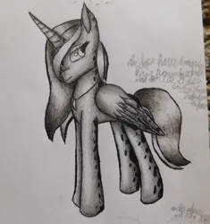 Size: 750x799 | Tagged: safe, artist:jedimoonstar, derpibooru import, oc, oc:half moon, alicorn, pony, alicorn oc, claws, collar, female, folded wings, horn, image, jpeg, looking back, mare, solo, traditional art, wing claws, wings