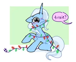 Size: 1458x1198 | Tagged: safe, artist:syrupyyy, derpibooru import, trixie, pony, unicorn, about to cry, blush lines, blushing, christmas, christmas lights, female, floppy ears, frown, g4, hair over one eye, holiday, image, implied starlight glimmer, mare, offscreen character, passepartout, png, simple background, sitting, solo, tangled up, wavy mouth, white background