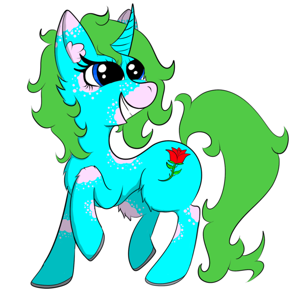 Size: 1500x1500 | Tagged: safe, artist:akscythe, derpibooru import, oc, oc:ezmerelda rosegarden, unicorn, blue eyes, curved horn, cutie mark, flower, green hair, horn, horseshoes, image, long eyelashes, multicolored coat, png, rose, smiling