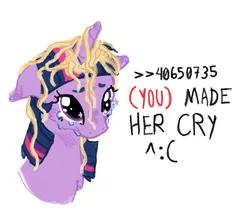 Size: 1385x1209 | Tagged: safe, artist:youssoupoff, ponerpics import, ponybooru import, twilight sparkle, pony, unicorn, (you), /mlp/, 4chan, crying, ears, female, floppy ears, food, image, mare, pasta, png, ponified animal photo, sad, simple background, solo, spaghetti, white background