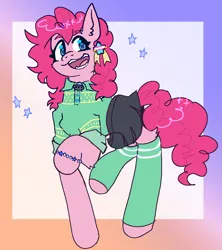 Size: 1722x1941 | Tagged: safe, artist:xxangelgutzxx, derpibooru import, pinkie pie, earth pony, pony, blue eyes, bracelet, clothes, curly hair, curly tail, ear fluff, eyelashes, g4, gradient background, hair ribbon, image, jewelry, open mouth, pink coat, pink hair, pink tail, png, polo shirt, pride, pride flag, ribbon, shirt, skirt, socks, solo, stars, tail, transgender pride flag