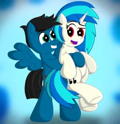 Size: 6422x6600 | Tagged: safe, artist:agkandphotomaker2000, derpibooru import, vinyl scratch, oc, oc:pony video maker, pegasus, pony, unicorn, bipedal, canon x oc, female, hug, image, looking at each other, looking at someone, male, png, red eyes, remake, shipping, spread wings, straight, videoscratch, wings