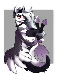 Size: 2082x2731 | Tagged: safe, artist:arinù, ponified, demon, demon pony, hellhound, original species, pegasus, pony, coat markings, collar, crossover, eyebrows, female, fluffy tail, flying, helluva boss, image, jpeg, long tail, looking at you, loona (helluva boss), red sclera, simple background, solo, spiked collar, tail