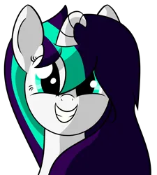 Size: 1408x1567 | Tagged: safe, artist:polynya, oc, oc:cosmic karma, unofficial characters only, pony, unicorn, bust, female, floppy horn, grin, horn, image, looking at you, mare, png, simple background, smiling, smiling at you, solo, transparent background, unicorn oc