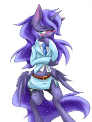 Size: 1200x1600 | Tagged: safe, alternate version, artist:azurepicker, derpibooru import, princess luna, alicorn, pony, belly, belly button, belt, bipedal, blushing, butt wings, clothes, female, hoof on chin, image, mare, midriff, necktie, one ear down, one eye closed, png, side slit, simple background, skirt, skirt suit, solo, suit, white background, wings