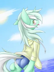 Size: 1200x1600 | Tagged: suggestive, artist:azurepicker, derpibooru import, lyra heartstrings, pony, unicorn, bipedal, butt touch, clothes, dutch angle, female, image, jacket, looking back, mare, ocean, one-piece swimsuit, png, solo, solo female, sukumizu, sun, swimsuit, tongue out, water