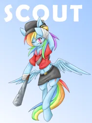 Size: 1200x1600 | Tagged: safe, artist:azurepicker, derpibooru import, rainbow dash, ponified, pegasus, pony, baseball bat, belly, belly button, clothes, female, flying, gradient background, grin, headset, hoof hold, image, mare, midriff, one eye closed, png, scout, smiling, solo, team fortress 2, wink