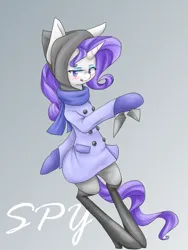 Size: 1200x1600 | Tagged: safe, artist:azurepicker, derpibooru import, rarity, ponified, pony, unicorn, bipedal, blushing, clothes, female, gradient background, high heels, hood, hoof hold, image, kunai, licking, licking lips, mare, png, shoes, solo, spy, team fortress 2, tongue out