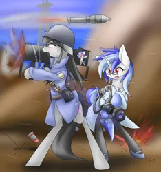 Size: 1500x1600 | Tagged: safe, artist:azurepicker, derpibooru import, octavia melody, vinyl scratch, ponified, earth pony, pony, unicorn, bipedal, clothes, duo, female, high heels, hoof hold, image, mare, medic, medigun, png, rocket launcher, shoes, soldier, team fortress 2, weapon