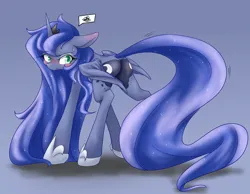 Size: 1800x1400 | Tagged: safe, artist:azurepicker, derpibooru import, princess luna, alicorn, pony, blushing, both cutie marks, butt, covering, dock, ethereal mane, ethereal tail, featureless crotch, female, gradient background, image, long legs, long mane, long tail, mare, moonbutt, pictogram, plot, png, slender, solo, tail, thin, wing covering, wings