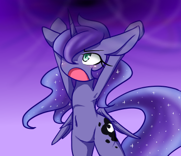 Size: 370x320 | Tagged: safe, artist:azurepicker, derpibooru import, princess luna, alicorn, pony, angry, armpits, belly, belly button, bipedal, chibi, cute, d:, female, hair over one eye, hooves in air, image, mare, open mouth, png, solo