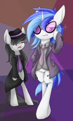 Size: 1600x2650 | Tagged: safe, artist:azurepicker, derpibooru import, octavia melody, vinyl scratch, earth pony, pony, unicorn, abstract background, bipedal, clothes, duo, fedora, female, hat, high res, image, mare, necktie, png, pose, suit, trenchcoat, unamused