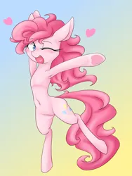 Size: 1200x1600 | Tagged: safe, artist:azurepicker, derpibooru import, pinkie pie, earth pony, pony, armpits, belly, belly button, bipedal, cute, cute little fangs, diapinkes, fangs, female, g4, gradient background, heart, image, mare, one eye closed, open mouth, open smile, png, smiling, solo, standing, standing on one leg, underhoof, wink