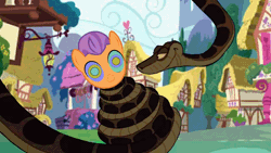 Size: 1280x720 | Tagged: safe, artist:ocean lover, derpibooru import, tender taps, earth pony, pony, python, snake, animated, cloud, cloudy, coils, colt, crossover, disney, foal, gif, houses, hypno eyes, hypnosis, hypnotized, image, kaa, kaa eyes, laughing, lifting, male, outdoors, ponyville, purple mane, smiley face, smiling, swirly eyes, well, wrapped snugly, wrapped up, youtube link
