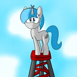 Size: 5000x5000 | Tagged: safe, artist:polynya, unnamed character, oc, unofficial characters only, pony, unicorn, antennae, cloud, female, image, looking at you, mare, png, sad, sky, stuck, tower, wi-fi