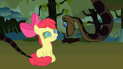 Size: 1920x1080 | Tagged: safe, artist:ocean lover, derpibooru import, edit, vector edit, apple bloom, earth pony, pony, python, snake, animated, apple bloom's bow, bow, coiling, coils, crossover, disney, everfree forest, female, filly, foal, forest, forest background, gif, hair bow, hypno eyes, hypnosis, hypnotized, image, kaa, kaa eyes, looking at each other, looking at someone, nature, red mane, smiling, swirly eyes, the jungle book, tree, vector, wrapping, youtube link