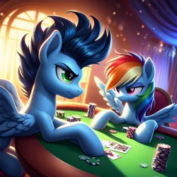 Size: 1024x1024 | Tagged: safe, ai content, derpibooru import, machine learning generated, prompter:*rainbow dash*, rainbow dash, soarin', eyebrows, female, generator:bing image creator, image, jpeg, male, poker, raised eyebrow, shipping, soarindash, spread wings, straight, wings