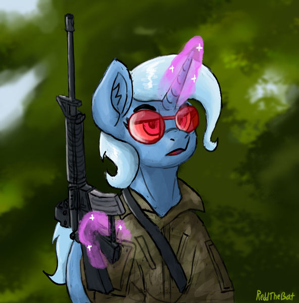 Size: 1650x1673 | Tagged: safe, artist:reddthebat, derpibooru import, trixie, pony, unicorn, assault rifle, ear fluff, female, glow, glowing horn, gun, horn, image, levitation, magic, mare, png, rifle, signature, solo, sunglasses, telekinesis, weapon